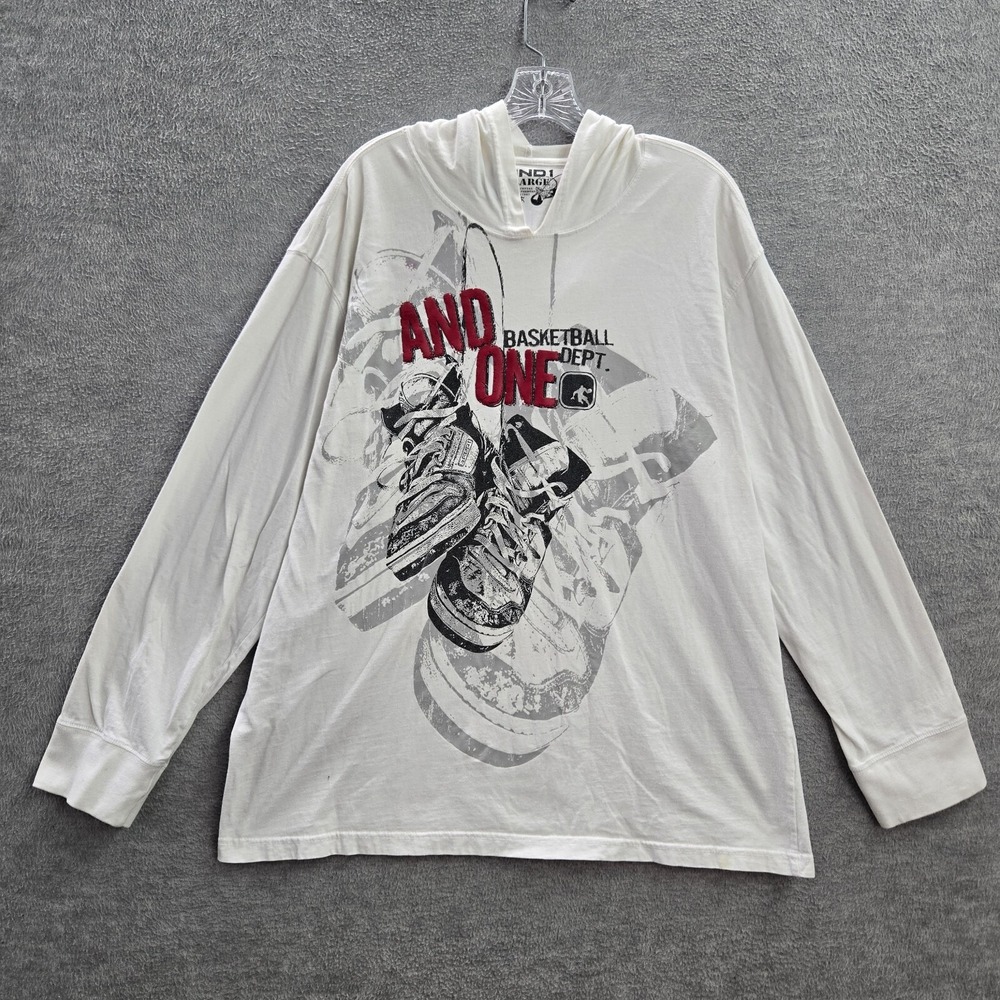 AND1 Men Shirt XL White Hooded Logo Basketball Show Graphic Long Sleeve READ